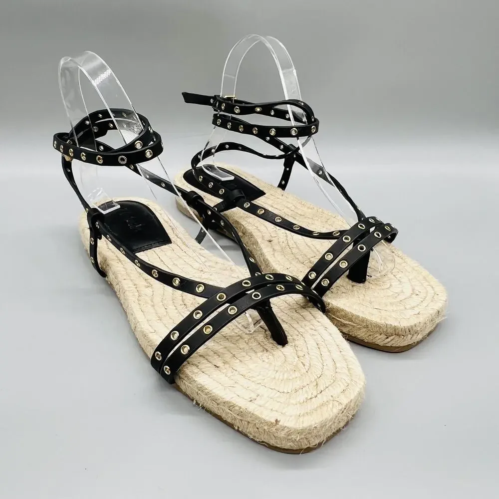 Madewell Sandals Womens 8 Black Leather Studded Strappy Thong Espadrille Shoes